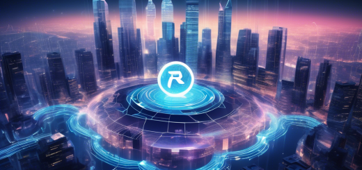Create an image that visualizes the concept of Ripple cryptocurrency as the future of digital transactions. The scene should depict a futuristic cityscape with towering skyscrapers embedded with digital screens displaying Ripple (XRP) symbols and blockchain networks. Include diverse people using transparent, holographic tablets for seamless financial transactions. The atmosphere should be vibrant, capturing the essence of innovation and technological advancement in the world of digital finance.